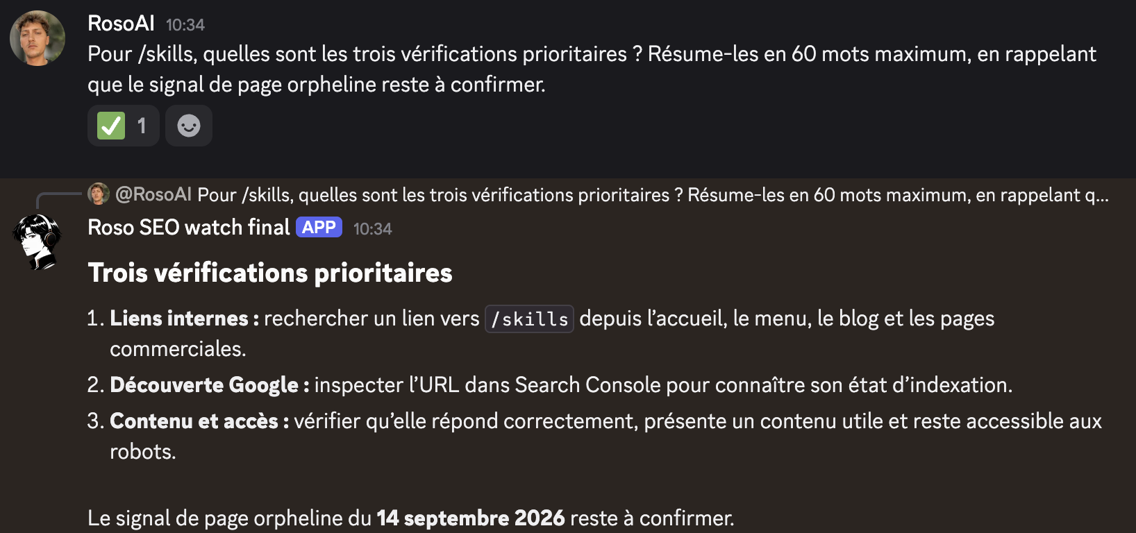 Question sur la page skills dans Discord : l’agent propose trois vérifications et conserve la réserve sur le signal de page orpheline.