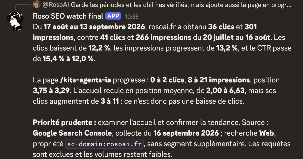 Dans Discord, l’agent compare les données Search Console de rosoai.fr sur deux périodes et distingue les évolutions des pages.