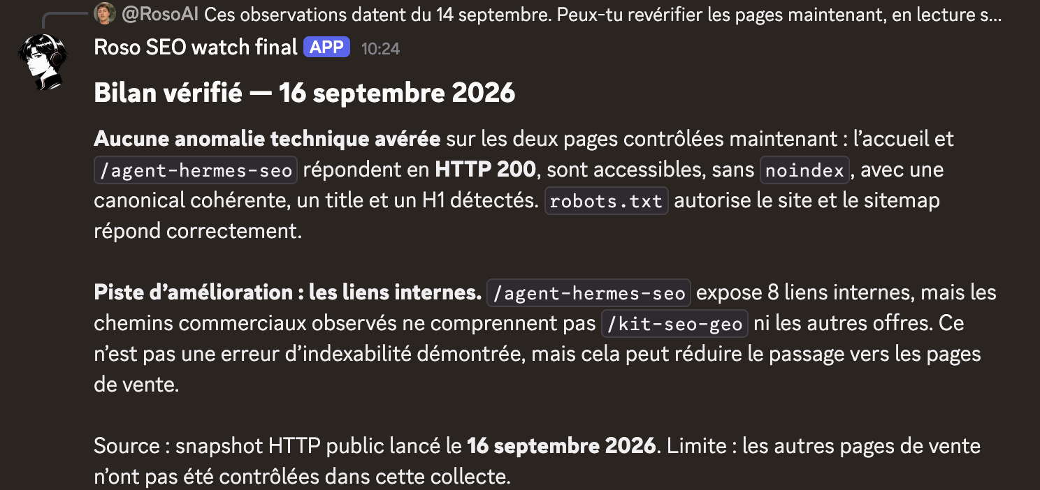 Bilan technique du 16 septembre 2026 : accueil accessible en HTTP 200, sans noindex, et URL canonique cohérente.